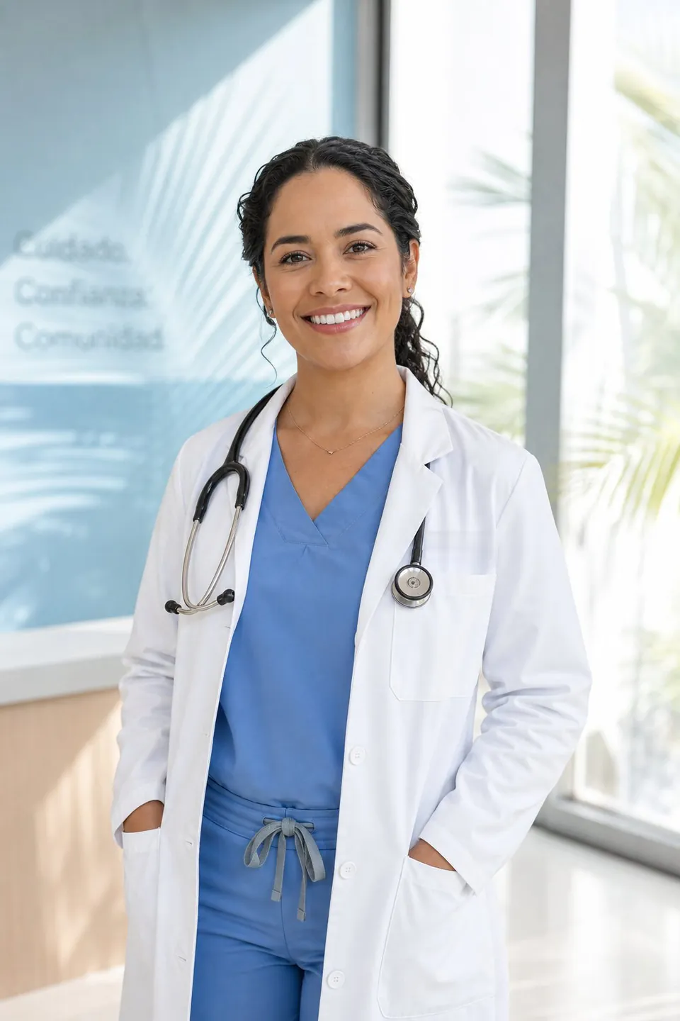 Doctora puertorriqueña sonriendo en un consultorio moderno y luminoso